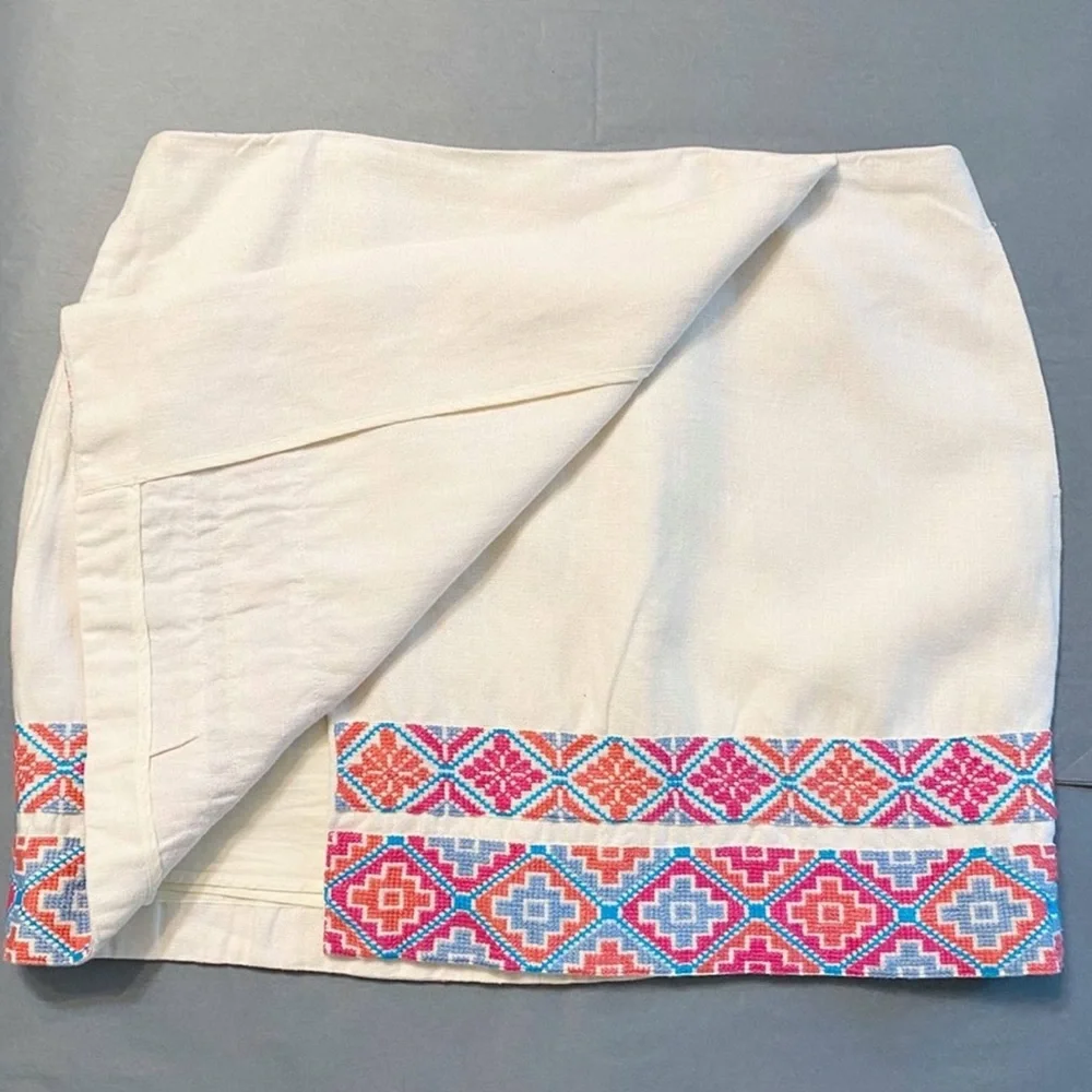 Tory Burch Ivory Embroidered Ruby Linen Faux Wrap Skirt - Picture 10 of 11